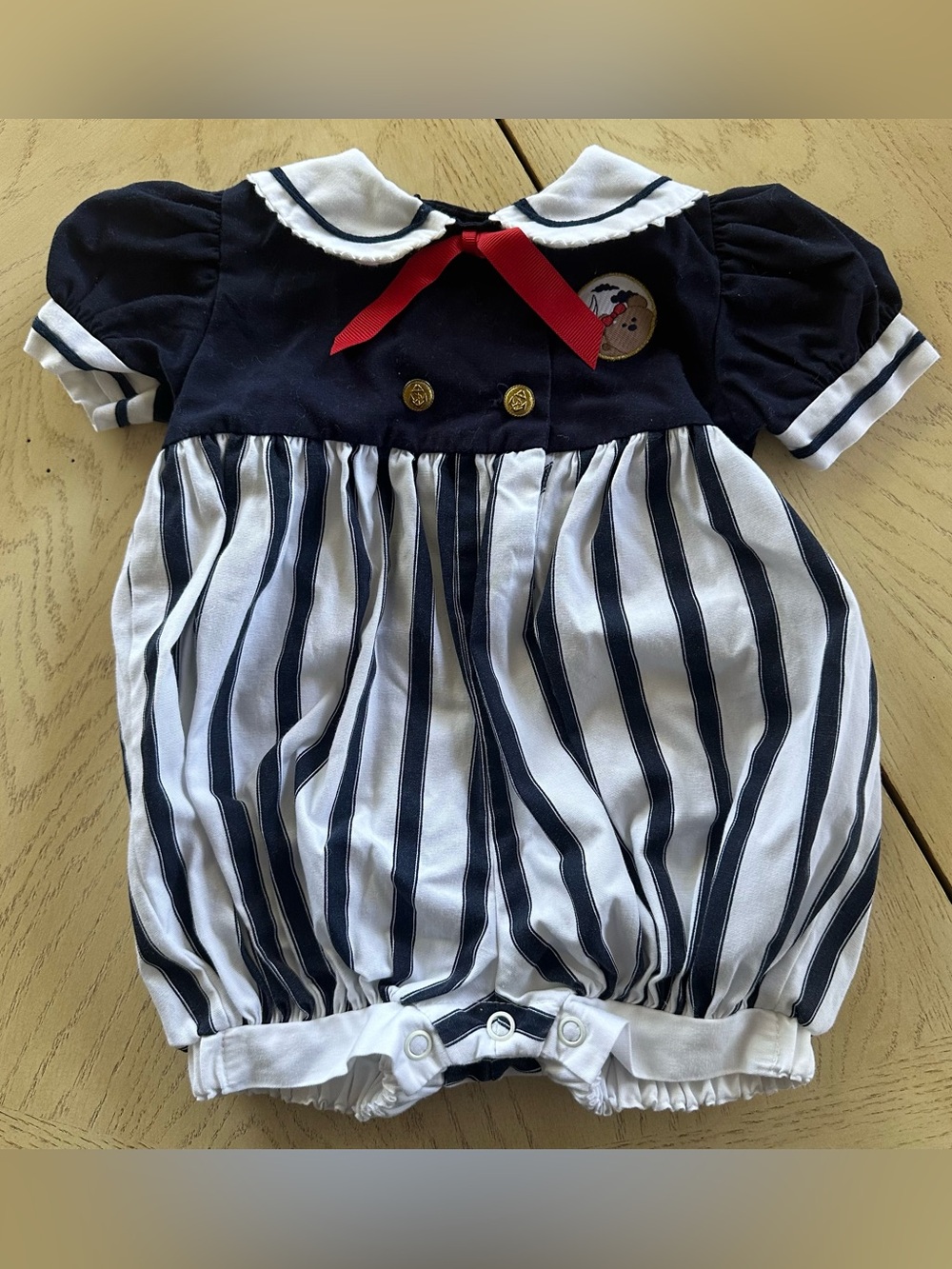 Vintage RARE Bubble Romper Sailor Navy White Stripe Anchor USA 3-6 months